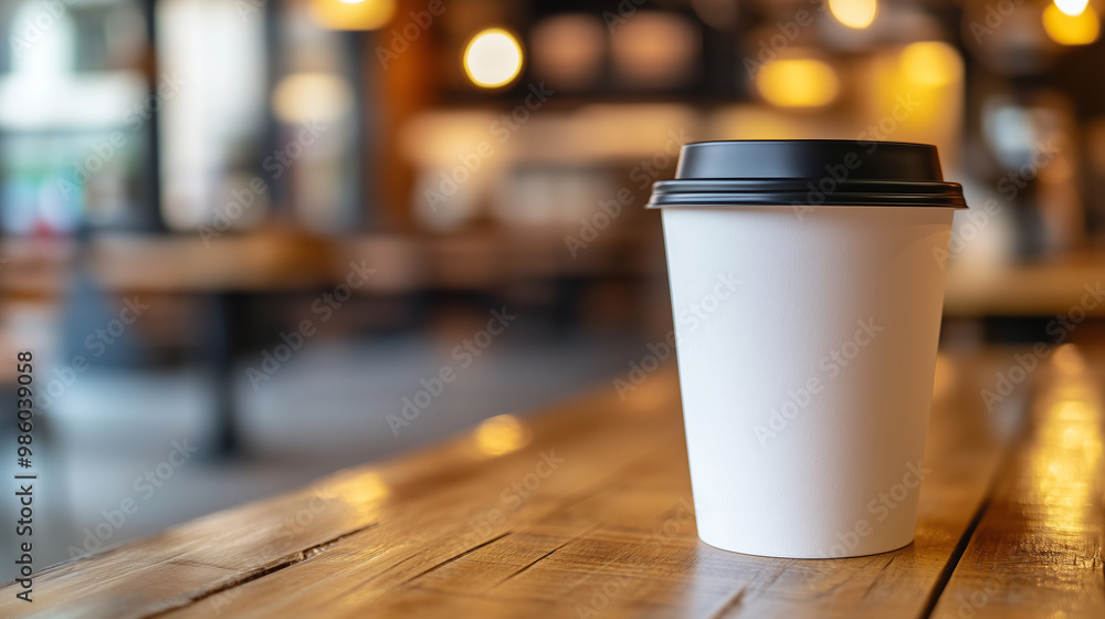 Stylish Sip: Coffee Cup with Black Lid in Cozy Café Atmosphere Stylish Sip: Coffee Cup with Black Lid in Cozy Café Atmosphere