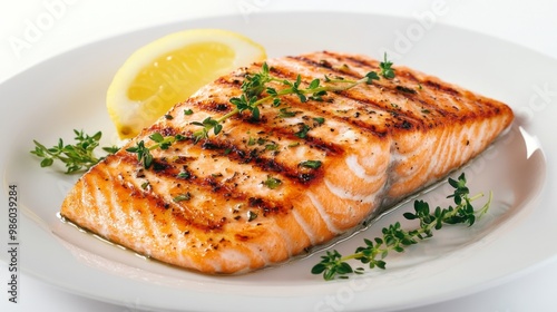 A beautifully grilled salmon fillet with crispy skin, garnished with fresh herbs and a lemon wedge, served on a white plate for a clean, appetizing look.