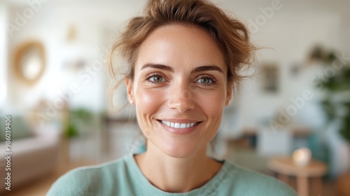 A content woman in a green top stands in a chic modern interior, exuding warmth and confidence while being surrounded by stylish home decor.