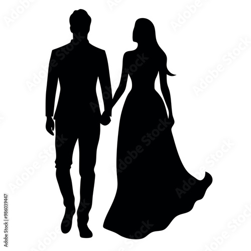 a man and a woman walking hand in hand. The man is on the left side of the image and the woman is in the center. vector silhouette isolated white background