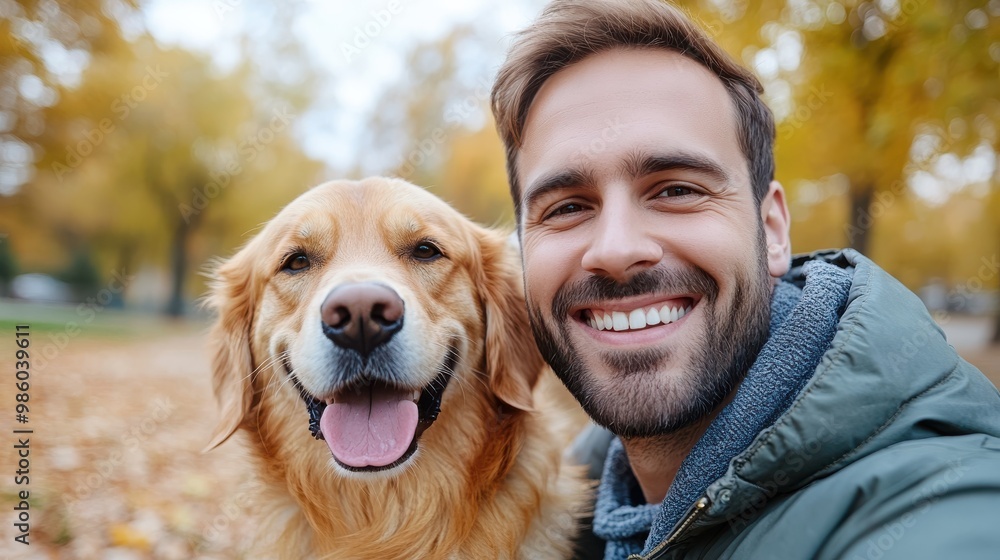 A smiling man poses with his cute golden retriever in a park on a cool autumn day, radiating companionship and happiness amid fall foliage and fresh air. A smiling man poses with his cute golden retriever in a park on a cool autumn day, radiating companionship and happiness amid fall foliage and fresh air.
