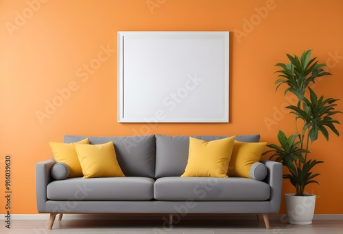 A modern living room with a gray sofa, yellow and gray throw pillows, and a potted plant. There is a blank white frame on the orange wall above the sofa.