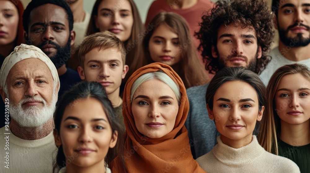 Close-up portrait of a diverse group of people standing together. Close-up portrait of a diverse group of people standing together.