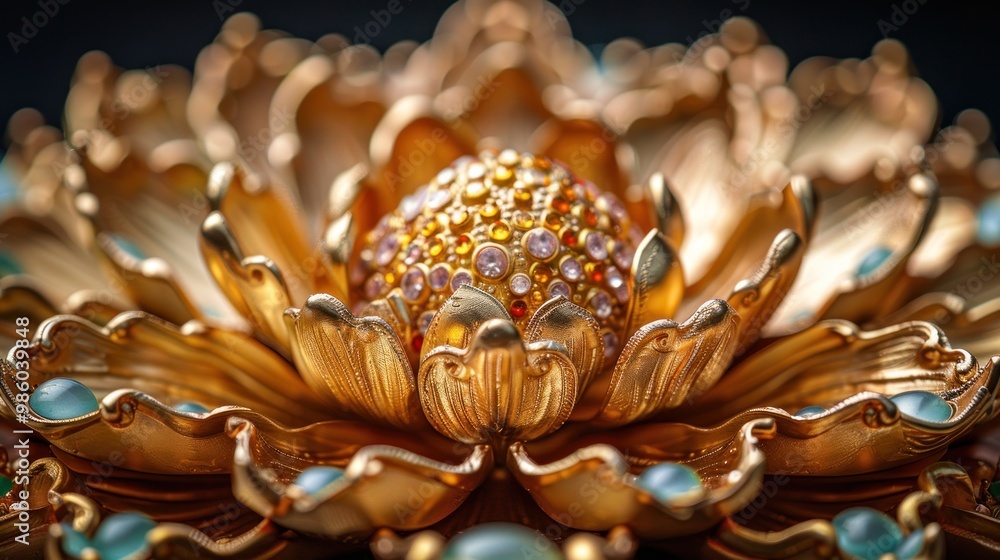 A shimmering golden lotus flower adorned with droplets, glowing softly in the golden hour light. Generative AI A shimmering golden lotus flower adorned with droplets, glowing softly in the golden hour light. Generative AI