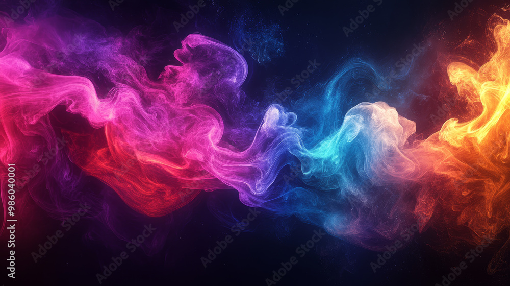 Fototapeta premium vibrant swirl of colorful smoke dances across dark background, creating mesmerizing visual effect. blend of pink, blue, and orange hues evokes sense of energy and creativity