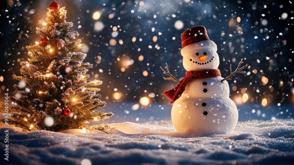 Fototapeta premium A snowman at night, illuminated by holiday lights, with a glowing Christmas tree nearby and snowflakes gently falling from the sky