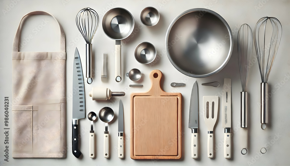 Flat Lay of Essential Kitchenware and Cooking Utensils Collection Flat Lay of Essential Kitchenware and Cooking Utensils Collection
