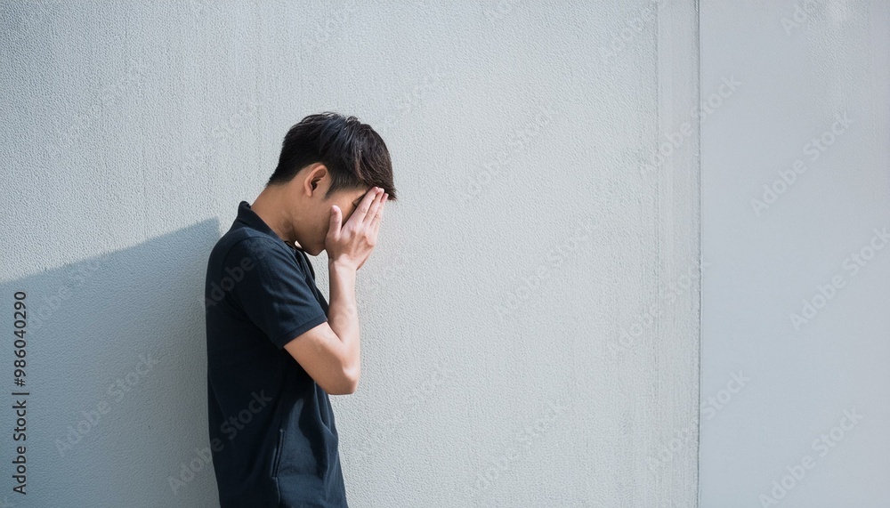 벽에 기대어 절망하고 있는 사람 벽에 기대어 절망하고 있는 사람