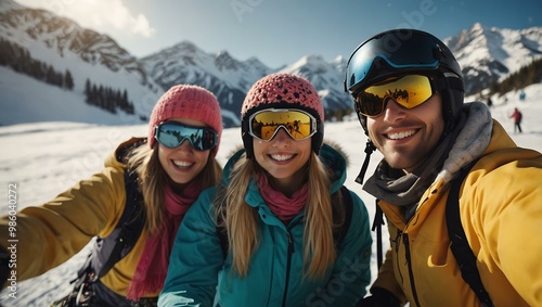 Selfie of a girl skiing in the Alps, cheerful with friends