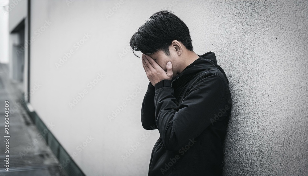 벽에 기대어 절망하고 있는 사람 벽에 기대어 절망하고 있는 사람