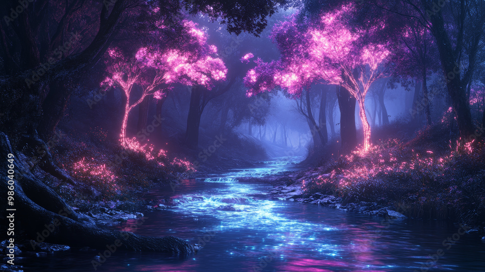 serene fantasy world where vibrant neon rivers flow through mystical forest, illuminated by glowing pink trees. enchanting atmosphere evokes sense of wonder and tranquility serene fantasy world where vibrant neon rivers flow through mystical forest, illuminated by glowing pink trees. enchanting atmosphere evokes sense of wonder and tranquility