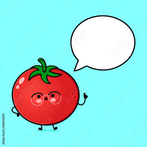 Tomato with speech bubble. Vector hand drawn cartoon kawaii character illustration icon. Isolated on blue background. Tomato character concept