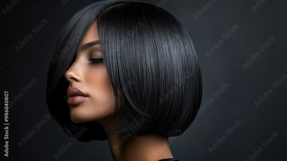 Fototapeta premium Side profile of a woman with glossy black bob haircut.