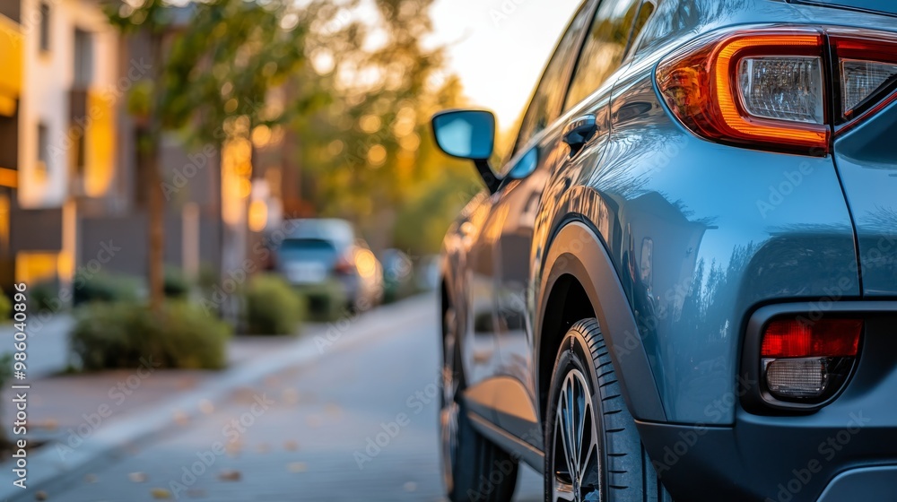 A stylish blue car parked on a tree-lined street, bathed in warm sunlight, showcasing modern design and an inviting atmosphere. A stylish blue car parked on a tree-lined street, bathed in warm sunlight, showcasing modern design and an inviting atmosphere.