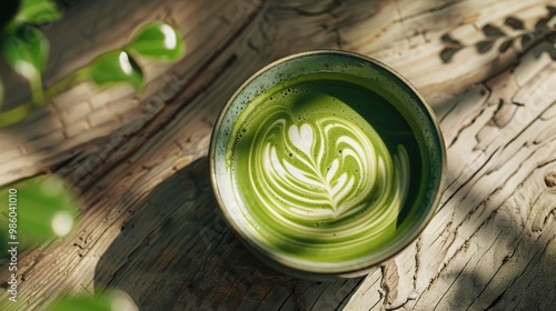 Steaming Hot Latt Art on Rustic Wooden Table with Fresh Green Leaves photo