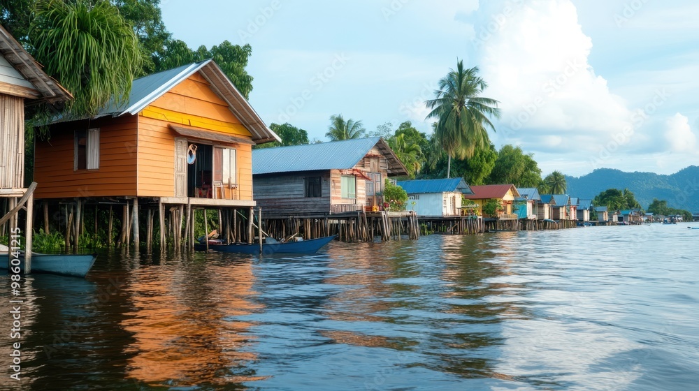 A row of colorful stilt houses lined along the water, flanked by lush palm trees and vibrant greenery, portraying a tranquil and beautiful scene of coastal living. A row of colorful stilt houses lined along the water, flanked by lush palm trees and vibrant greenery, portraying a tranquil and beautiful scene of coastal living.