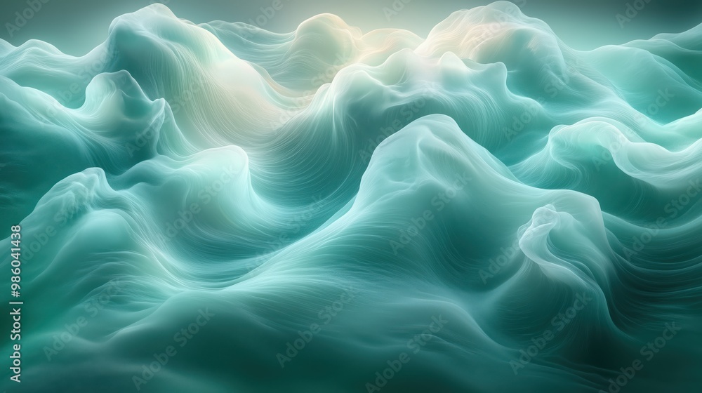 This image presents a landscape in soft green tones, characterized by a dreamy and surreal atmosphere with undulating, cloud-like waves. This image presents a landscape in soft green tones, characterized by a dreamy and surreal atmosphere with undulating, cloud-like waves.