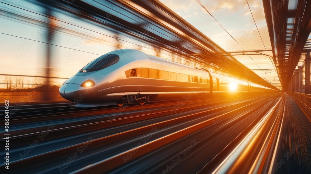 A silver high-speed train speeds through a tunnel with the sunset glowing in the distance. A silver high-speed train speeds through a tunnel with the sunset glowing in the distance.