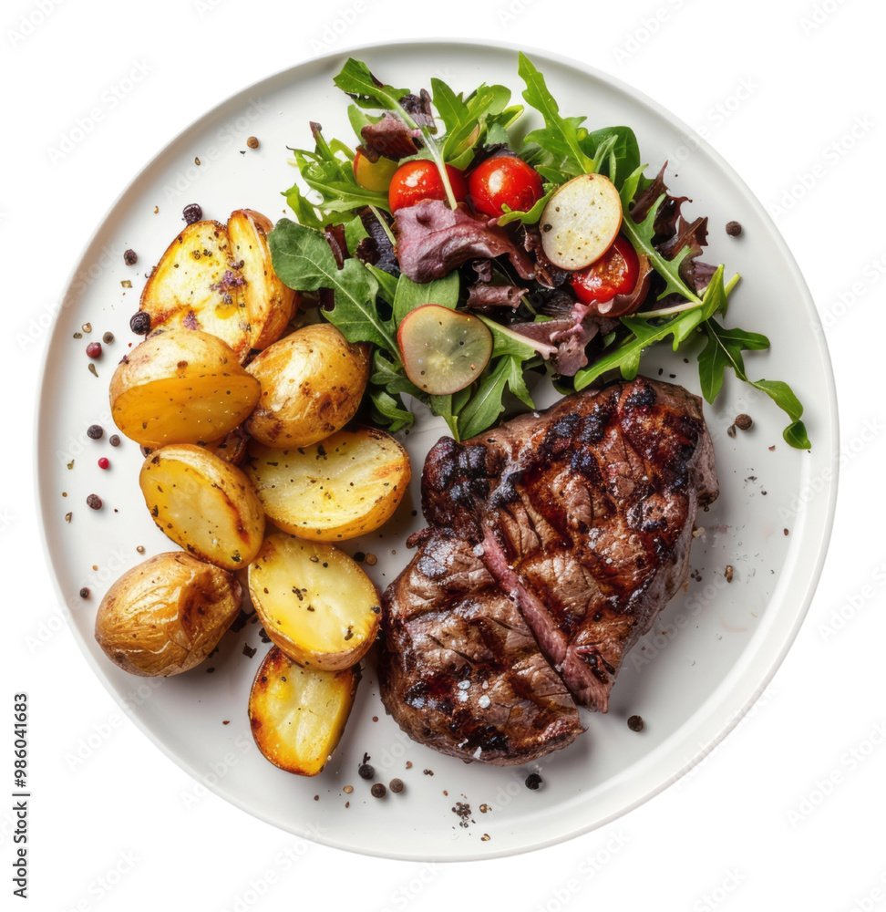 A plate with steak, potatoes, and salad on a transparent background. A plate with steak, potatoes, and salad on a transparent background.