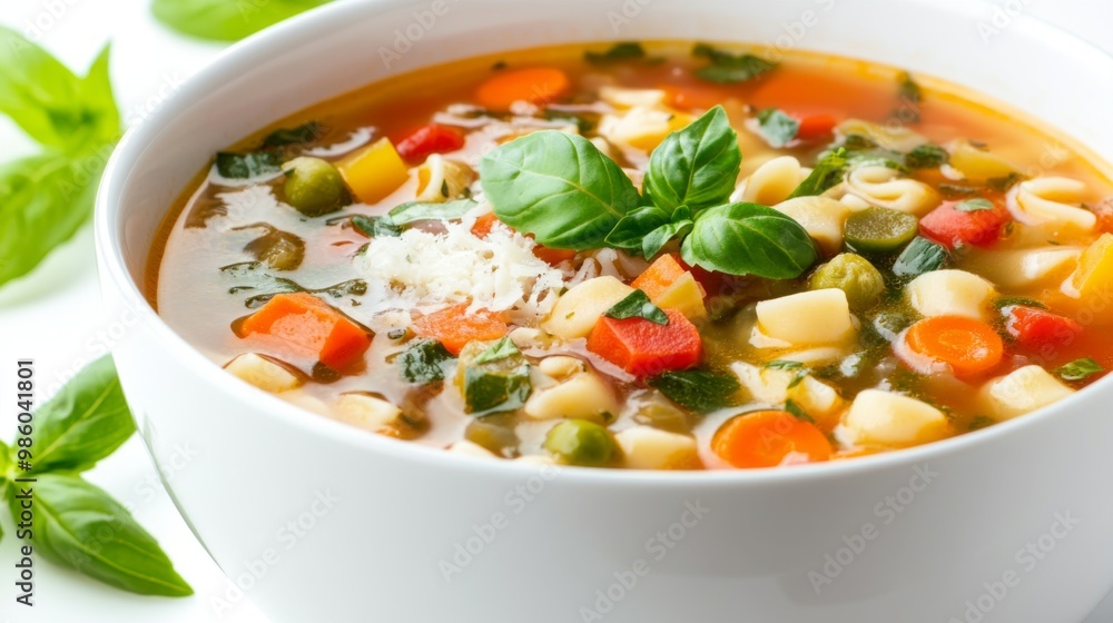 A bowl of Italian minestrone soup filled with vegetables and pasta, garnished with fresh basil and Parmesan, served on a white background for a clean presentation. A bowl of Italian minestrone soup filled with vegetables and pasta, garnished with fresh basil and Parmesan, served on a white background for a clean presentation.