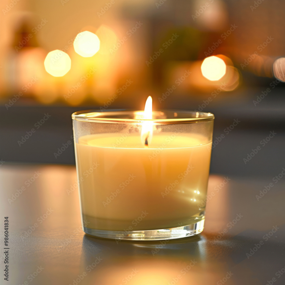 A candle in a glass on a table, with a blurred bathroom interior background. A candle in a glass on a table, with a blurred bathroom interior background.