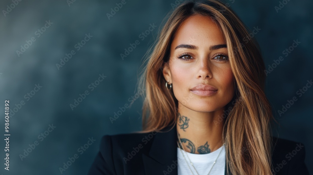 A poised woman with artistic tattoos exudes elegance and style in an urban setting, wearing casual chic clothes, representing confidence and personality in modern times. A poised woman with artistic tattoos exudes elegance and style in an urban setting, wearing casual chic clothes, representing confidence and personality in modern times.