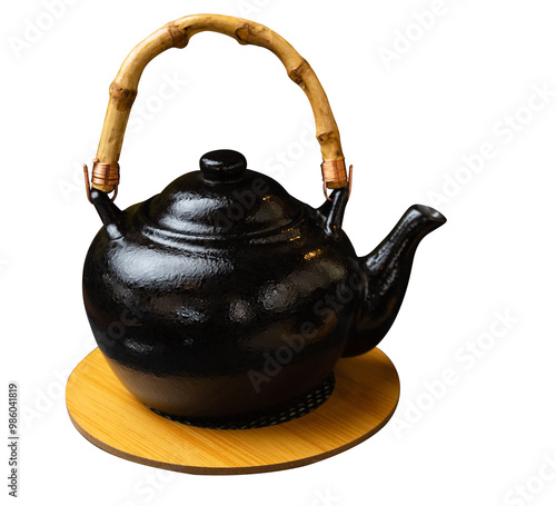 Black ceramic teapot isolated with Coasters on white