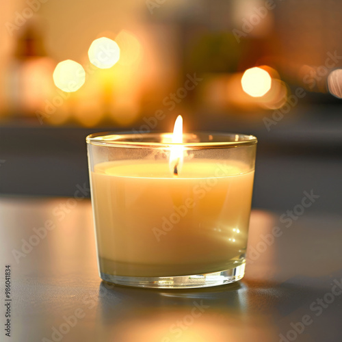 A candle in a glass on a table, with a blurred bathroom interior background.