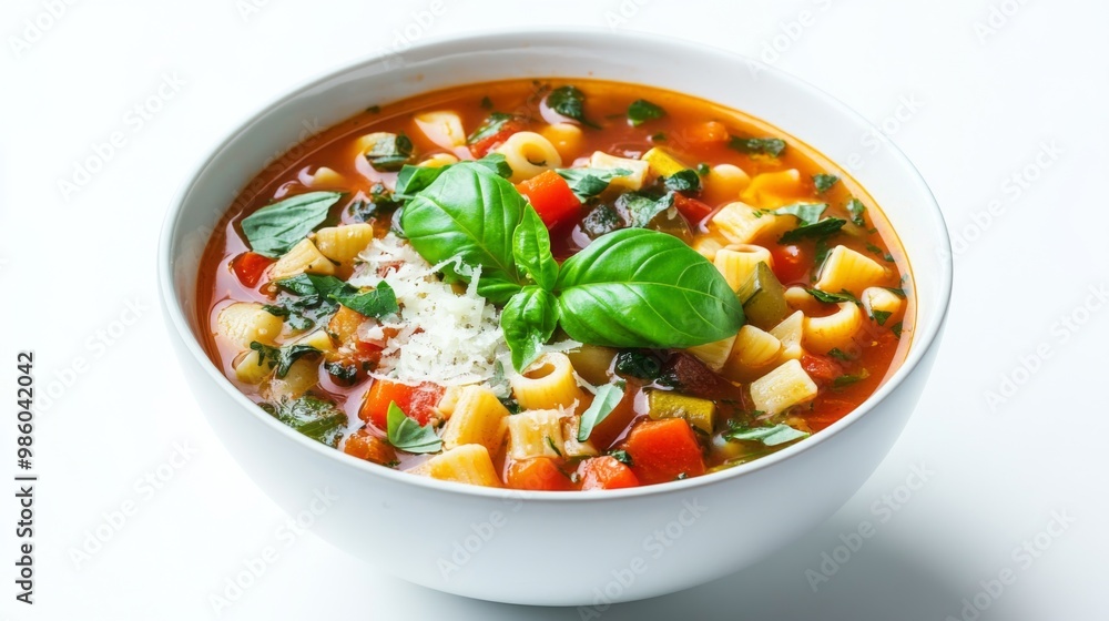 A bowl of Italian minestrone soup filled with vegetables and pasta, garnished with fresh basil and Parmesan, served on a white background for a clean presentation. A bowl of Italian minestrone soup filled with vegetables and pasta, garnished with fresh basil and Parmesan, served on a white background for a clean presentation.