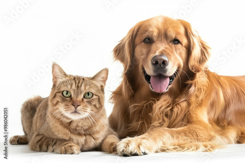 A happy smiling golden retriever dog and a tabby cat looking at the camera isolated on a white background.