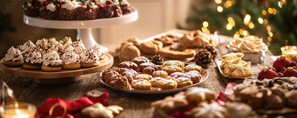 Fototapeta premium Delicious assortment of festive cookies and desserts beautifully presented for a holiday celebration.