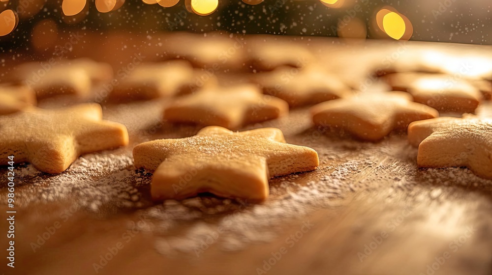 Delicious star-shaped cookies dusted with powdered sugar on a wooden table, perfect for holiday celebrations and festive treats. Delicious star-shaped cookies dusted with powdered sugar on a wooden table, perfect for holiday celebrations and festive treats.