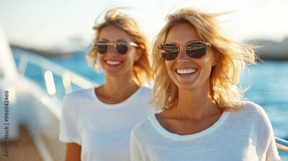 Two smiling women dressed casually in white are savoring a sunny day on a yacht's deck, representing leisure and vibrancy amidst a marine backdrop. Two smiling women dressed casually in white are savoring a sunny day on a yacht's deck, representing leisure and vibrancy amidst a marine backdrop.