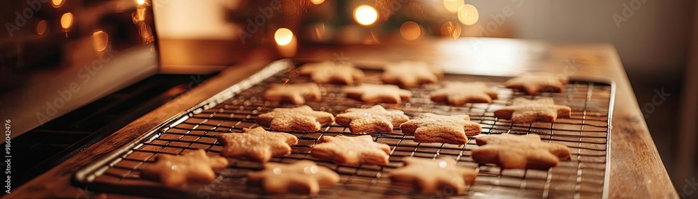 Freshly baked star-shaped cookies cooling on a wire rack, perfect for festive celebrations and holiday gatherings. Freshly baked star-shaped cookies cooling on a wire rack, perfect for festive celebrations and holiday gatherings.