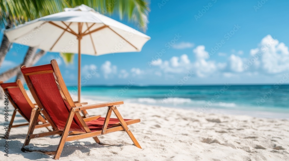 A picturesque image of two empty beach chairs set under a white umbrella on a sandy beach by the turquoise sea, representing relaxation, vacation, and tropical serenity. A picturesque image of two empty beach chairs set under a white umbrella on a sandy beach by the turquoise sea, representing relaxation, vacation, and tropical serenity.