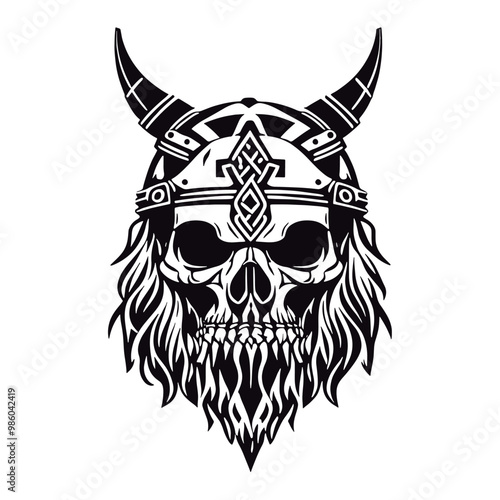 Vector illustration of a Viking head skull with horned helmet, perfect for a t-shirt, tattoo, or logo design. Nordic Scandinavian warrior. Design template set apart on a white backdrop
