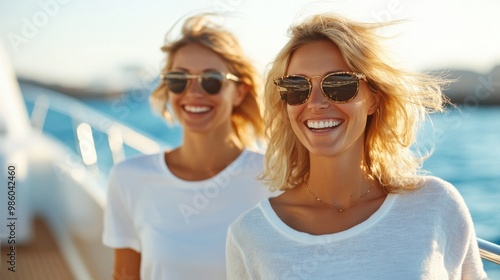 Two smiling women dressed casually in white are savoring a sunny day on a yacht's deck, representing leisure and vibrancy amidst a marine backdrop.