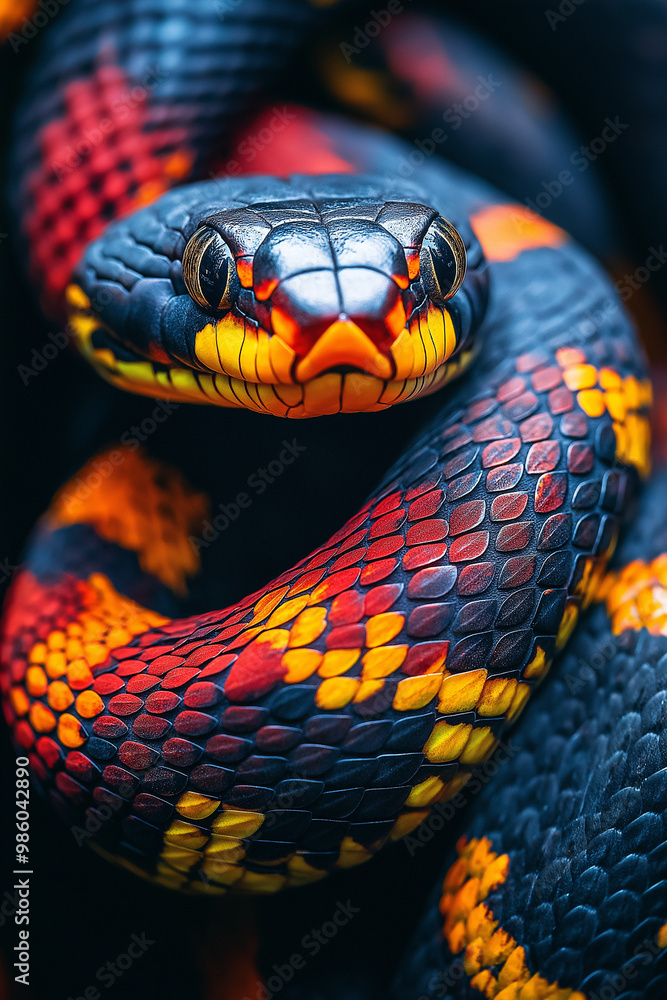 colorful close-up of a rare exotic animal, a coral snake's head colorful close-up of a rare exotic animal, a coral snake's head