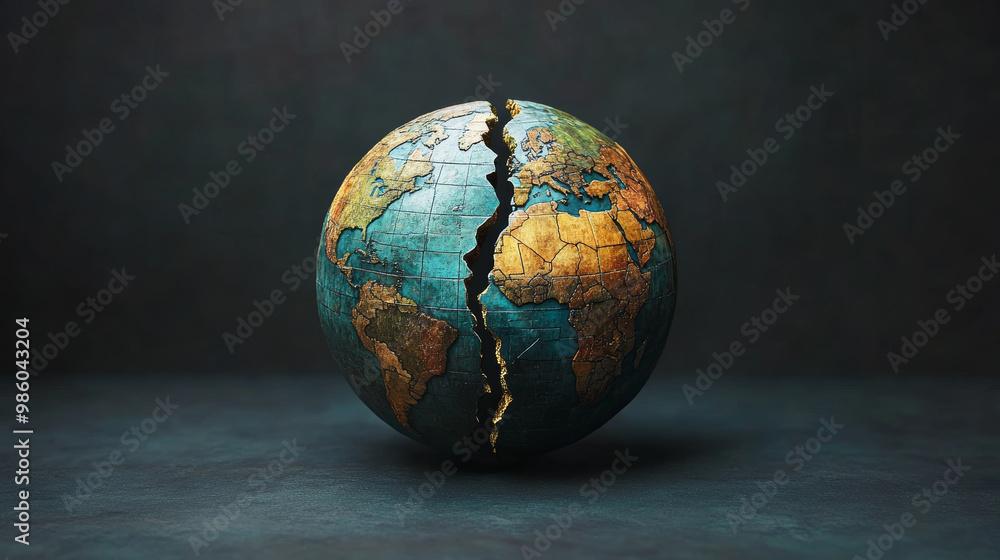 globe split in two symbolizes division and conflict, highlighting impact of tariffs and sanctions on global unity. This striking image evokes sense of urgency and reflection globe split in two symbolizes division and conflict, highlighting impact of tariffs and sanctions on global unity. This striking image evokes sense of urgency and reflection