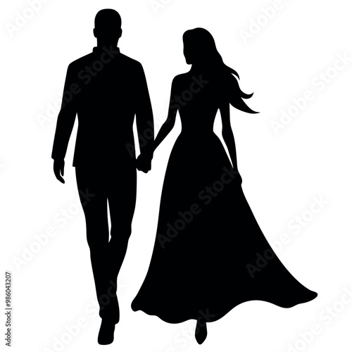a man and a woman walking hand in hand. The man is on the left side of the image and the woman is in the center. vector silhouette isolated white background