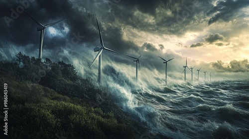 Dramatic seascape with wind turbines amidst turbulent waves. photo