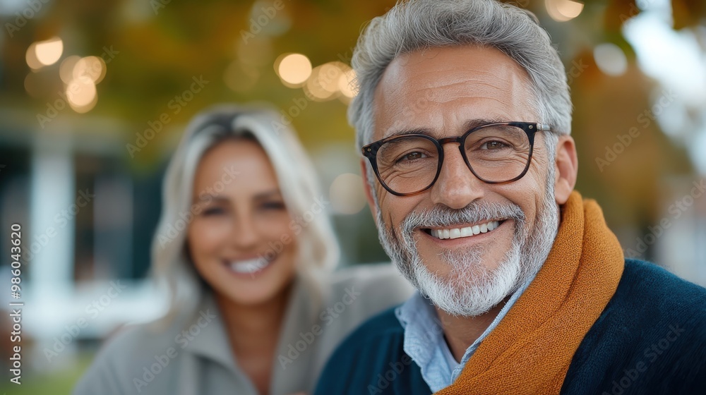 A smiling man with a salt-and-pepper beard wears glasses and a cozy scarf, with a blurred woman in the background, set in a warm and inviting autumn atmosphere. A smiling man with a salt-and-pepper beard wears glasses and a cozy scarf, with a blurred woman in the background, set in a warm and inviting autumn atmosphere.