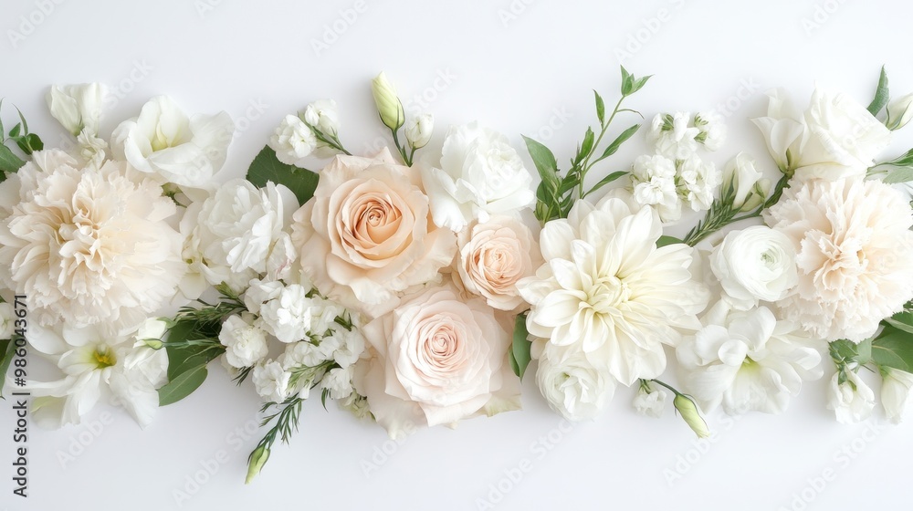 Delicate white and blush flowers arranged in a horizontal border on a white background. Delicate white and blush flowers arranged in a horizontal border on a white background.