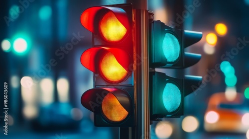 A vibrant traffic light at night displaying red, yellow, and green signals against an urban backdrop, illuminating the street scene with colorful reflections. photo