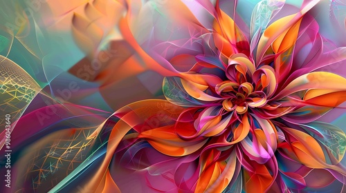 A detailed abstract flower in vivid colors with geometric patterns filling the petals and leaves, framed by a fluid, swirling background of complementary hues. 8k UHD, suitable for high-quality 