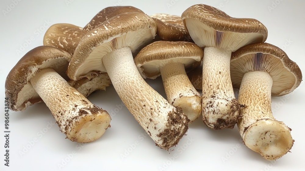 Close-up of six brown mushrooms with white stems on a white background. Close-up of six brown mushrooms with white stems on a white background.