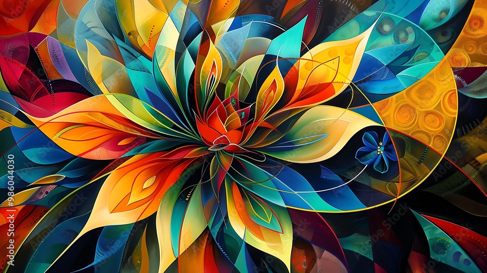 A vibrant abstract floral art piece featuring a bold, colorful flower with swirling petals and geometric patterns in the leaves, set against a dynamic background. 8k UHD, suitable for high-quality 