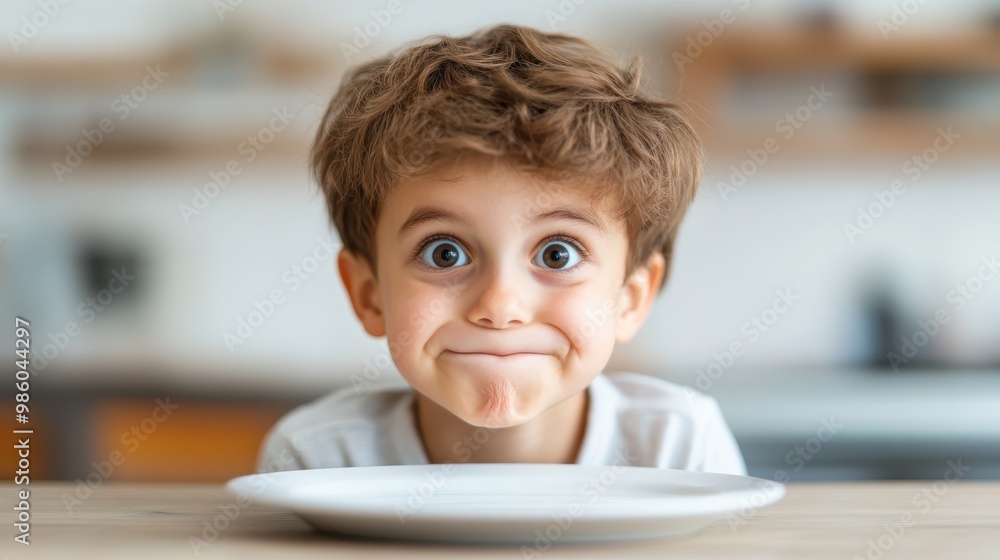 With a playful smile, a boy looks up while sitting at a table with an empty white plate, creating an engaging and warm ambiance in the home setting. With a playful smile, a boy looks up while sitting at a table with an empty white plate, creating an engaging and warm ambiance in the home setting.