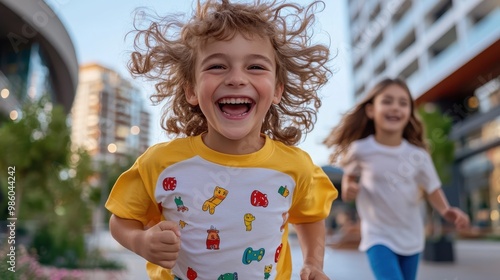 A child wearing a vibrant shirt runs joyfully in an urban setting, with a wide smile and flowing hair, capturing the essence of youthful freedom and unbridled energy. photo