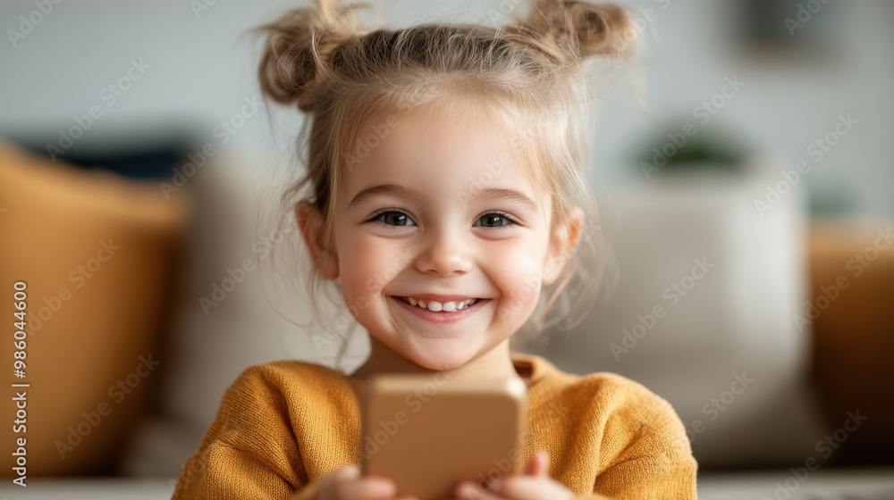A girl with twin buns beams while holding a smartphone, conveying pure joy and happiness in a cozy, well-lit home environment with soft furnishings. A girl with twin buns beams while holding a smartphone, conveying pure joy and happiness in a cozy, well-lit home environment with soft furnishings.